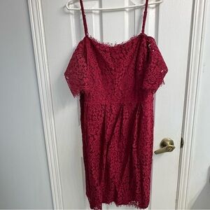 Ricki's Burgundy Lace Midi Dress Women's 14 Off Shoulder Wedding NWOT Pockets